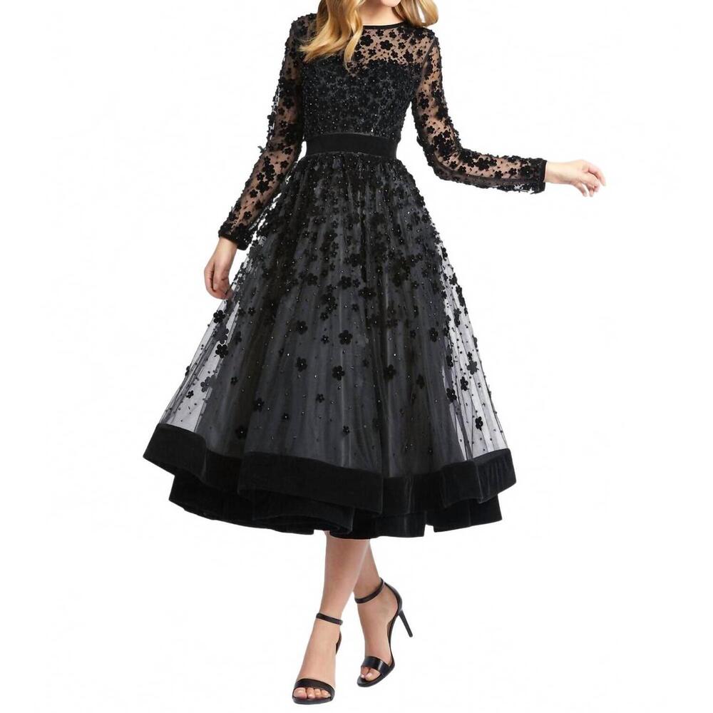 NEW MAC DUGGAL long sleeve tea-length formal dress in black - Picture 2 of 5